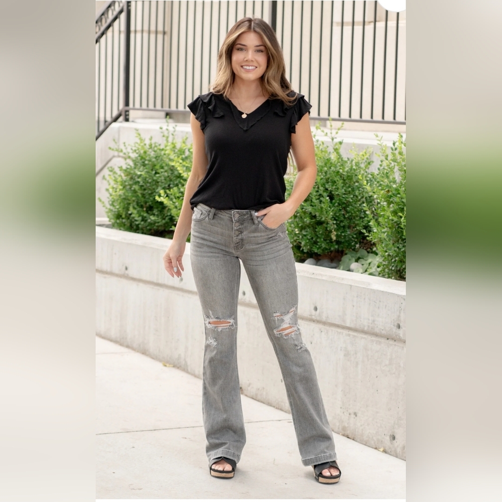 KanCan Fayetteville Mid Rise Button Fly Gray Denim Distressed Flared Jeans